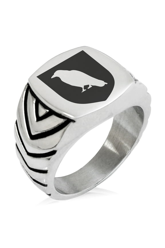 Stainless Steel Raven Bringer of Death Coat of Arms Shield Chevron Pattern Biker Style Polished Ring