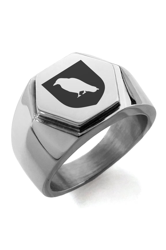 Stainless Steel Raven Bringer of Death Coat of Arms Shield Engraved Hexagon Crest Flat Top Biker Style Polished Ring