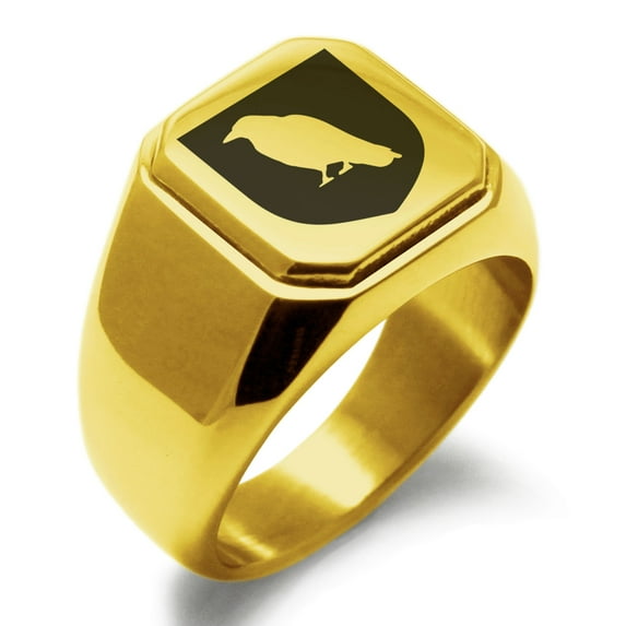 Stainless Steel Raven Bringer of Death Coat of Arms Shield Engraved Square Flat Top Biker Style Polished Signet Ring