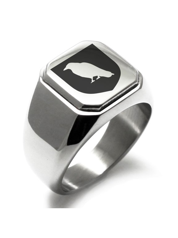 Stainless Steel Raven Bringer of Death Coat of Arms Shield Engraved Square Flat Top Biker Style Polished Signet Ring