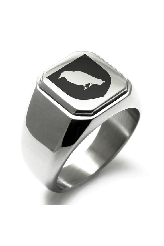 Stainless Steel Raven Bringer of Death Coat of Arms Shield Engraved Square Flat Top Biker Style Polished Signet Ring