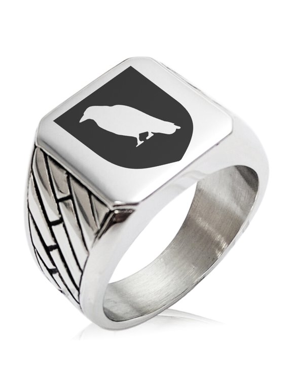 Stainless Steel Raven Bringer of Death Coat of Arms Shield Geometric Pattern Biker Style Polished Ring