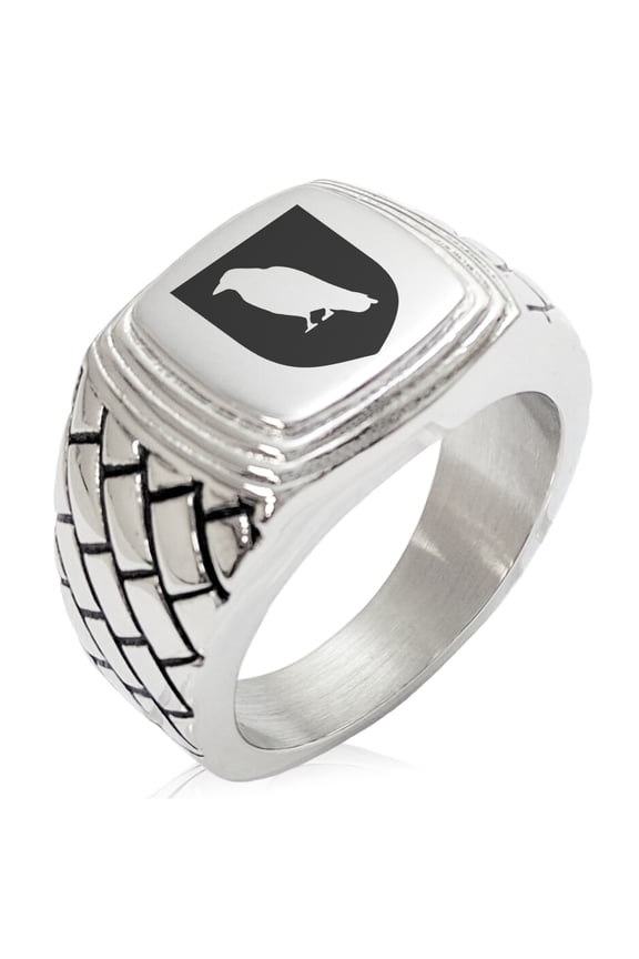 Stainless Steel Raven Bringer of Death Coat of Arms Shield Geometric Pattern Step-Down Biker Style Polished Ring