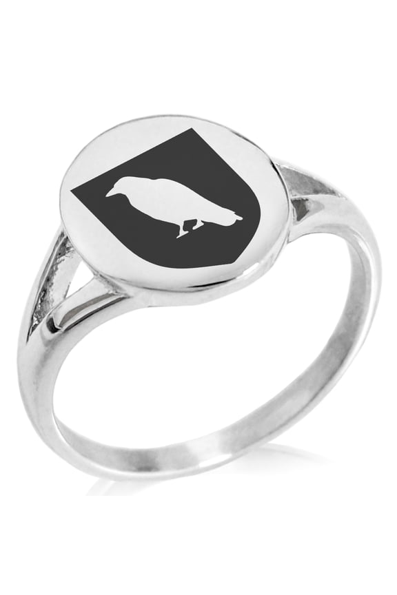 Stainless Steel Raven Bringer of Death Coat of Arms Shield Minimalist Oval Top Polished Statement Signet Ring