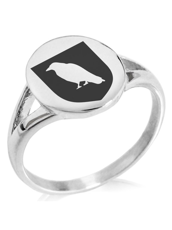 Stainless Steel Raven Bringer of Death Coat of Arms Shield Minimalist Oval Top Polished Statement Signet Ring