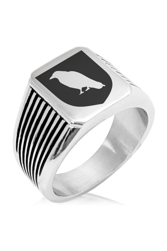 Stainless Steel Raven Bringer of Death Coat of Arms Shield Needle Stripe Pattern Biker Style Polished Ring