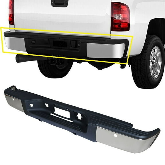 Stainless Steel Rear Step Bumper w/ License Plate Lights & Park Assist Sensor Holes, Fit for GMC Sierra 1500 / Chevrolet Silverado 1500 (2007-2013), 07-13 Silverado Rear Step Bumper