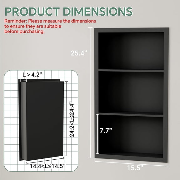 Stainless Steel Recessed Medicine Cabinet 14x24 Inch Rust-Proof Wall Niche Shelf for Bathroom Kitchen Black