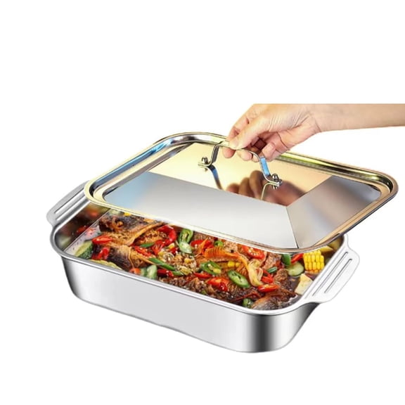Stainless Steel Rectangular Deep Roasting Multi-Functional Cooking Pot Small Chilled Serving Tray Baking With Lid Pan Roast Seafood