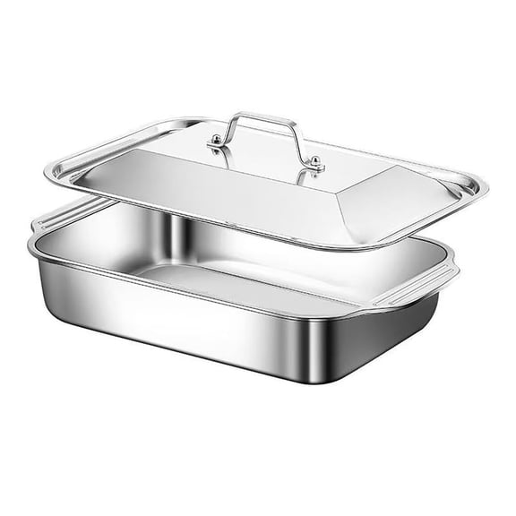 Stainless Steel Rectangular Deep Roasting Paella Pan With Lid,Stainless Steel Skillet Pan With Dual Handles,rying For Fast & Even Heating, For Camping, Parties
