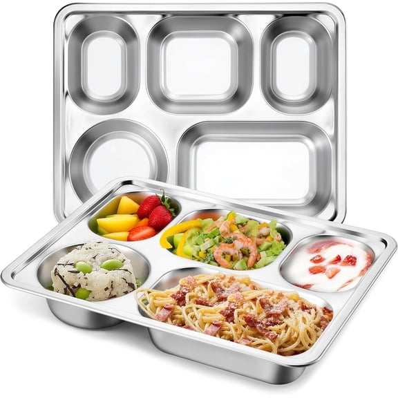 Stainless Steel Rectangular Divided Plates Tray, 5 Sections Dinner Plates for Adults,Kids, Picky Eaters, Campers and Portion Control, 2 Pack