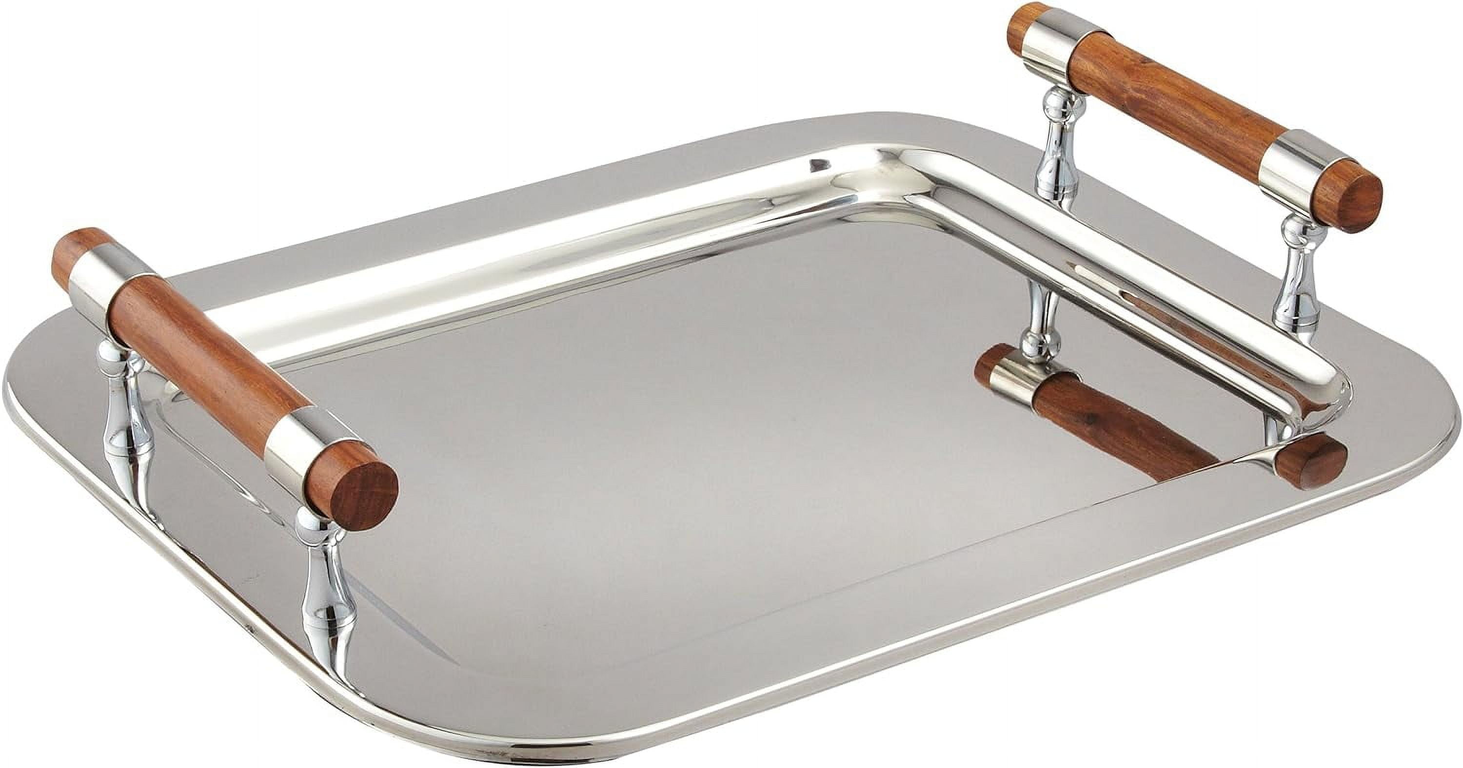Elegant Modern Stainless Steel Serving Tray with Wooden Handles, 16.5" x 13"