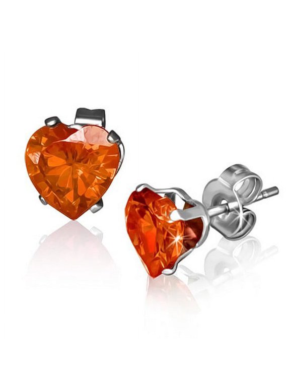 Stainless Steel Red Ruby-Tone CZ Love Heart-Shaped Stud Earrings