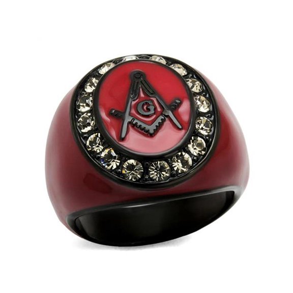Stainless Steel Red and Black Ion Plated Crystal Masonic Freemason Ring Size 12