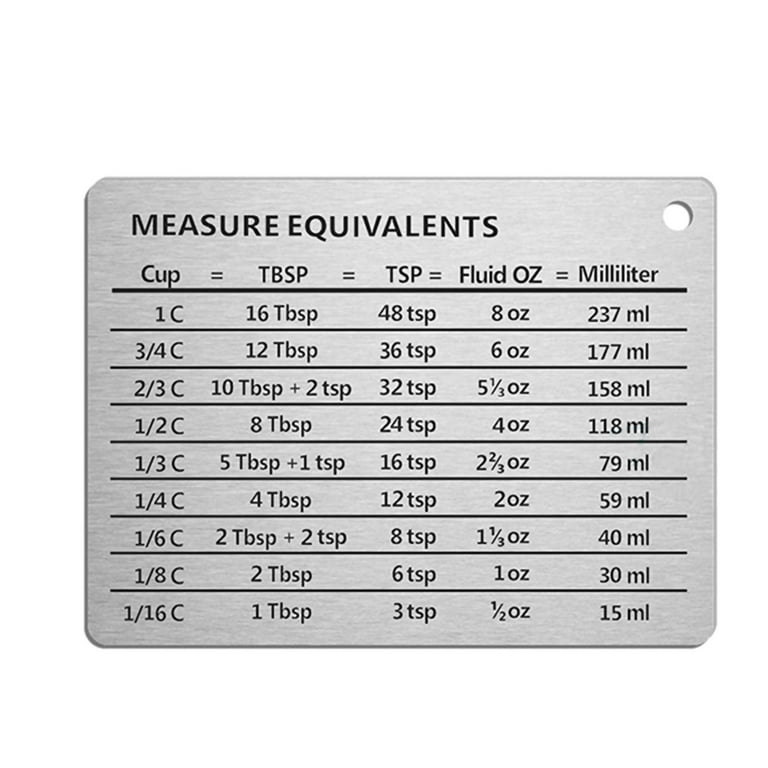 Stainless Steel Refrigerator Magnet Kitchen Conversion Chart - Cups,  Tablespoons, Teaspoons, Fluid Oz, Milliliters - Magnetic Kitchen  Measurement Conversion Chart 