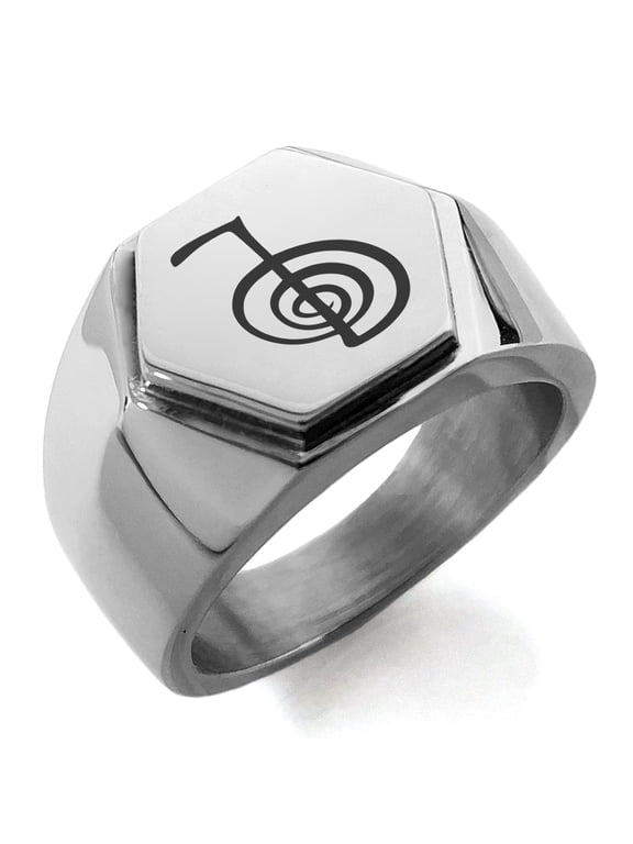 Stainless Steel Reiki Cho Ku Rei Power Engraved Hexagon Crest Flat Top Biker Style Polished Ring