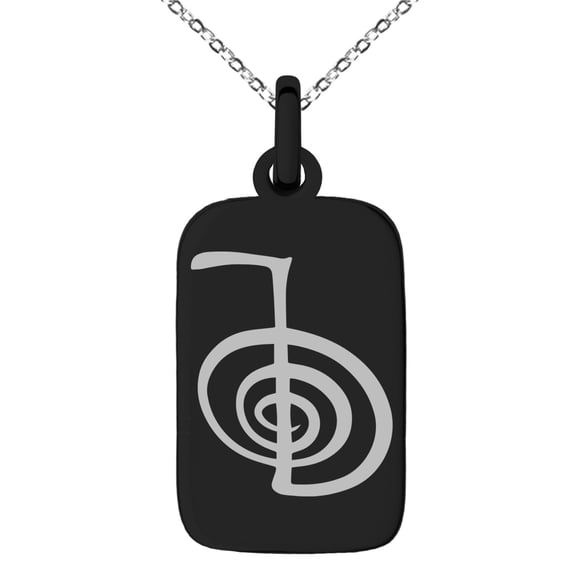 Stainless Steel Reiki Cho Ku Rei Power Engraved Small Rectangle Dog Tag Charm Pendant Necklace