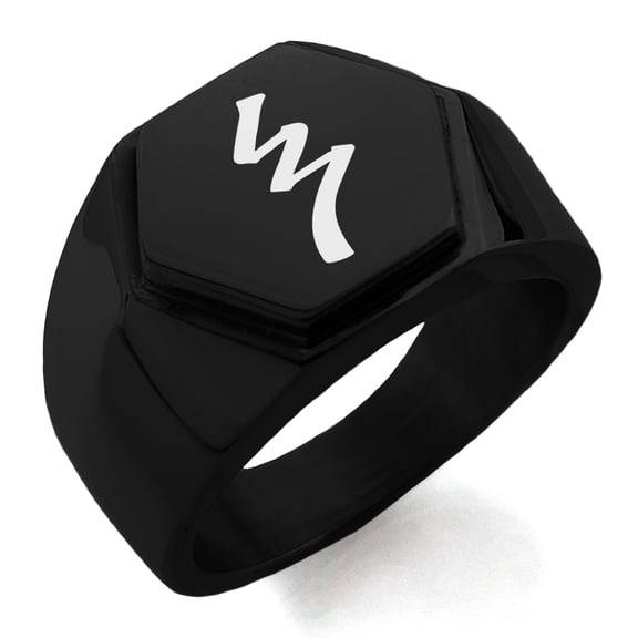 Stainless Steel Reiki Raku Completion Engraved Hexagon Crest Flat Top Biker Style Polished Ring