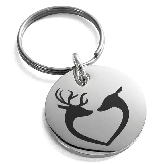 Stainless Steel Reindeer Heart Love Engraved Small Medallion Circle Charm Keychain Keyring