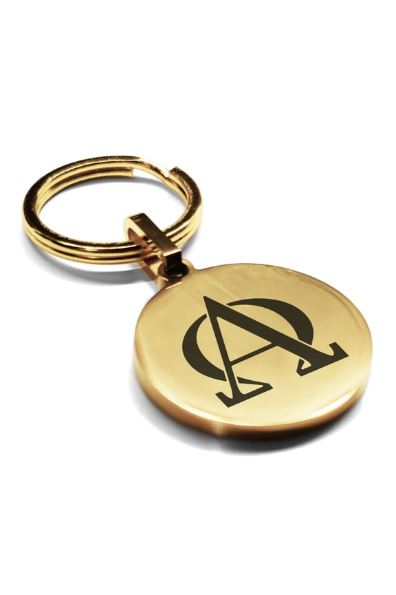 Stainless Steel Religious Alpha and Omega Round Medallion Keychain Circle Ring