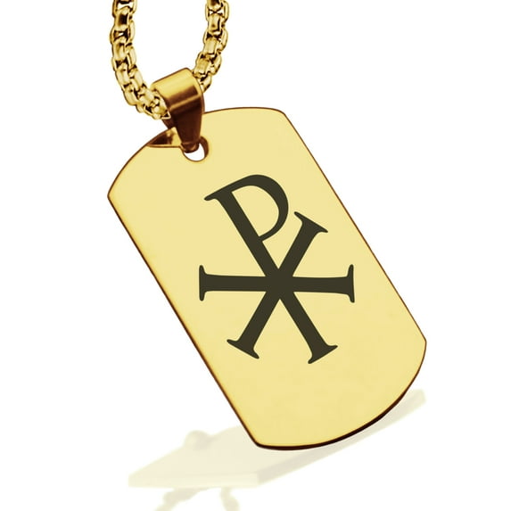 Stainless Steel Religious Chi Rho Dog Tag Pendant Necklace