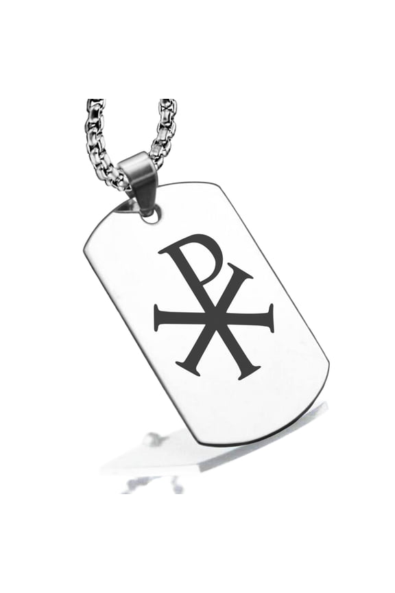 Stainless Steel Religious Chi Rho Dog Tag Pendant Necklace