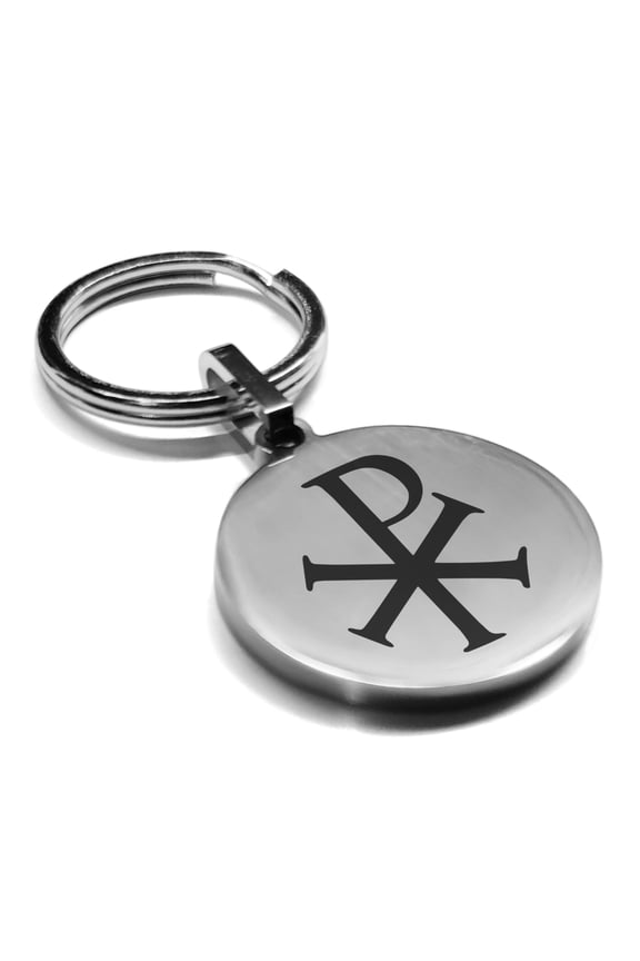 Stainless Steel Religious Chi Rho Round Medallion Keychain Circle Ring