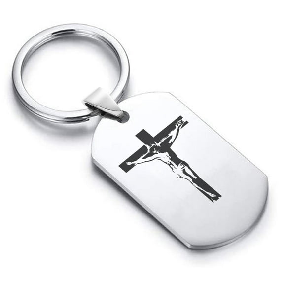 Stainless Steel Religious Cross Crucifix Dog Tag Keychain Circle Ring