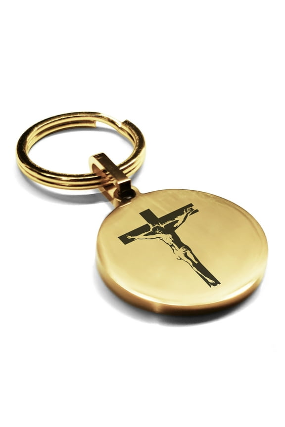 Stainless Steel Religious Cross Crucifix Round Medallion Keychain Circle Ring