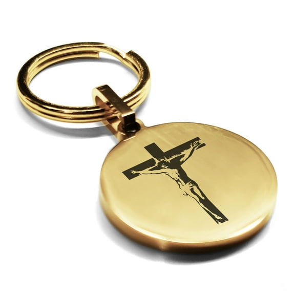 Stainless Steel Religious Cross Crucifix Round Medallion Keychain Circle Ring