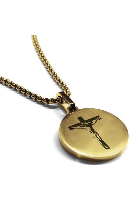 Stainless Steel Religious Cross Crucifix Round Medallion Pendant Necklace