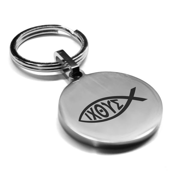 Stainless Steel Religious Ichthus Fish Round Medallion Keychain Circle Ring