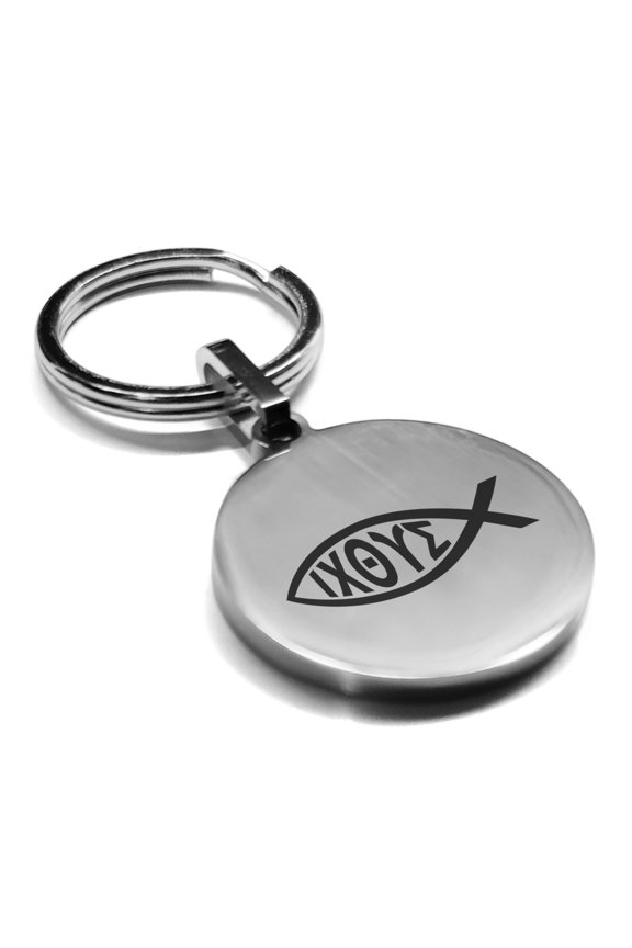 Stainless Steel Religious Ichthus Fish Round Medallion Keychain Circle Ring