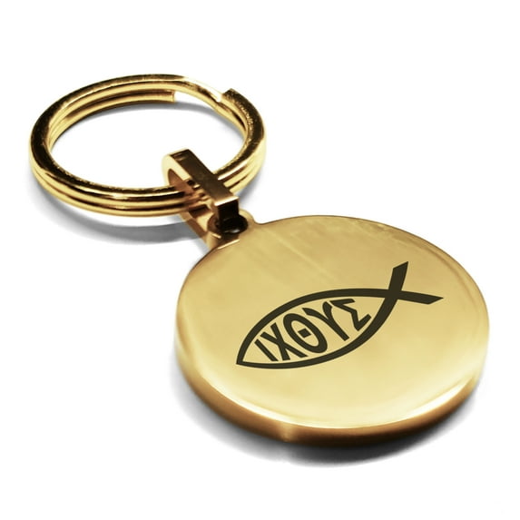 Stainless Steel Religious Ichthus Fish Round Medallion Keychain Circle Ring