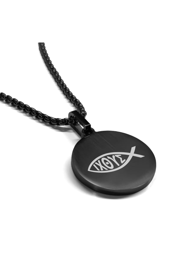Stainless Steel Religious Ichthus Fish Round Medallion Pendant Necklace