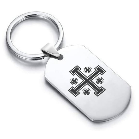 Stainless Steel Religious Jerusalem Cross Dog Tag Keychain Circle Ring
