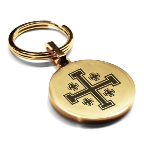 Stainless Steel Religious Jerusalem Cross Round Medallion Keychain Circle Ring