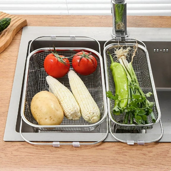 Stainless Steel Retractable Drain Basket Grip Handles Oval Colander Sink Vegetables Draining Rack Home Storage Basket S