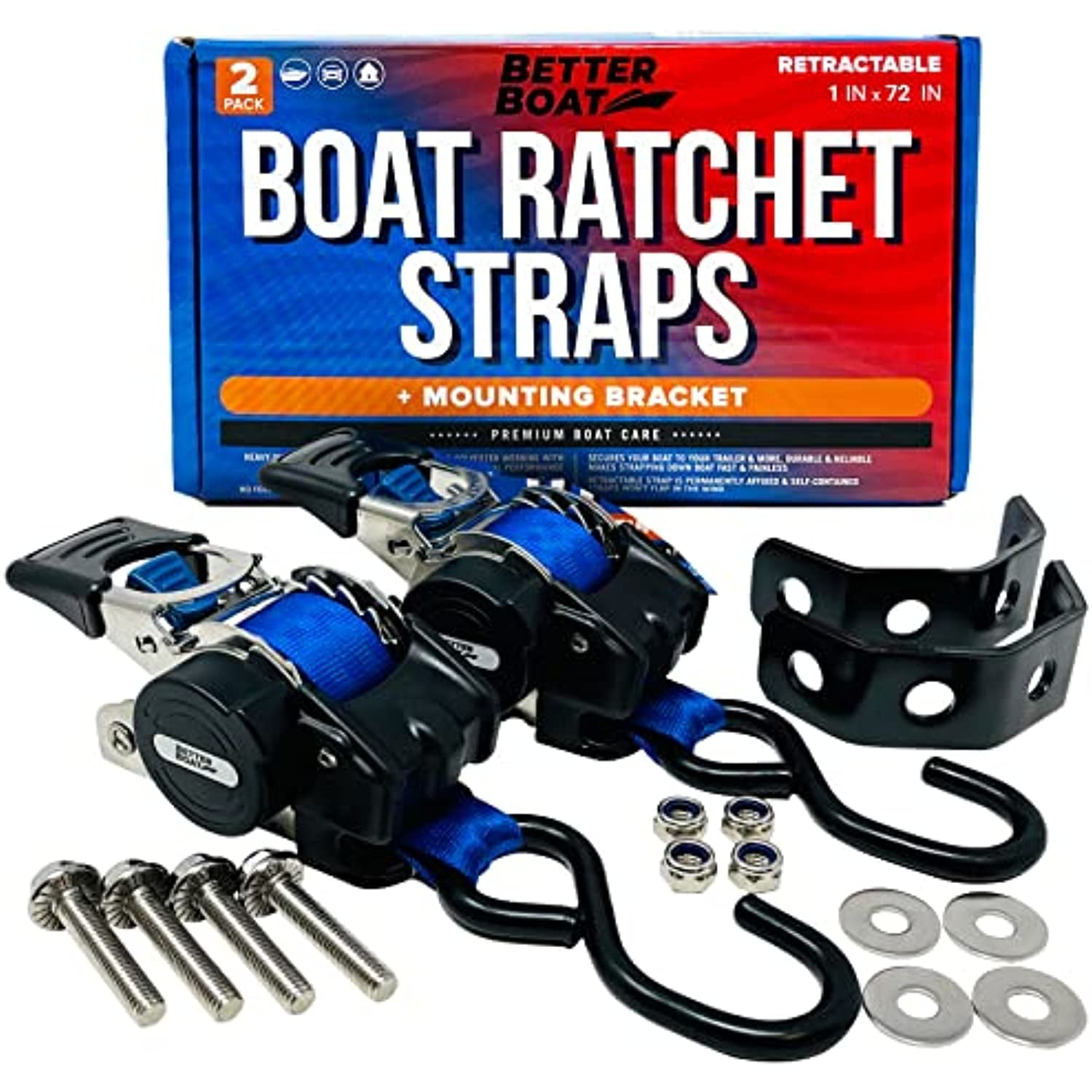 Stainless Steel Retractable Ratchet Straps Heavy Duty Set 2 Transom Tie Downs to Boat Trailer Mounting Brackets & Bolts Set 1 inch x 72 Auto