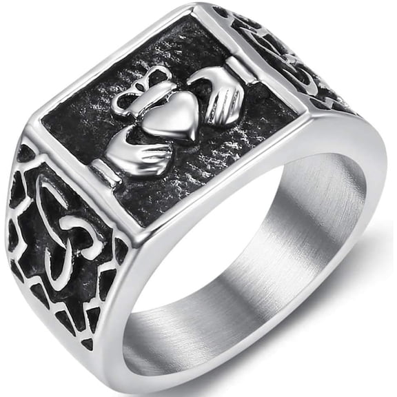Stainless Steel Retro Vintage Celtic Knot Claddagh Style Signet Promise Statement Ring