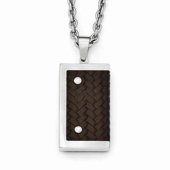 Stainless Steel Reversible Brushed & Polished with Brown Leather Necklace
