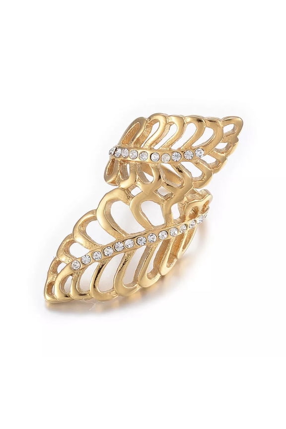 Stainless Steel Rhinestone Ring Wide Band Rings Hollow Leaf Gold Size 8 Z703