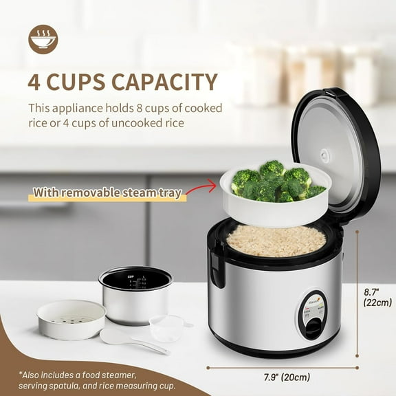 Stainless Steel Rice Cooker with Steamer, 4-Cup Uncooked (1.0L)/8-Cup Cooked, Electric Grain & Vegetable Cooker, Auto Keep Warm for Oatmeal, Soups & Multicooking