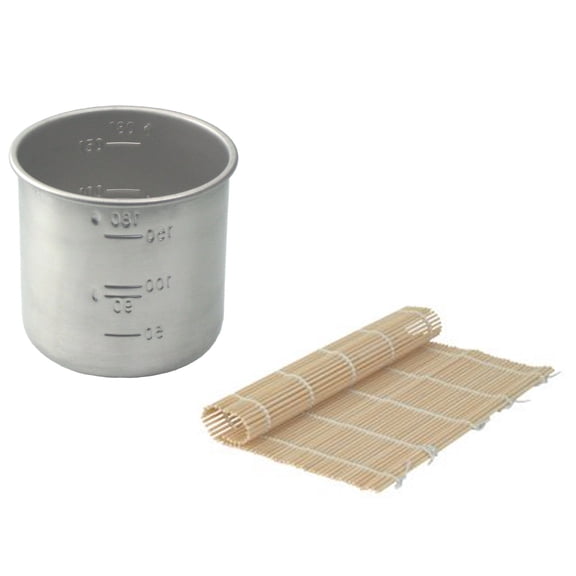 Stainless Steel Rice Measuring Cup Replacement for Japanese Electric Rice Cooker + Bamboo Wood Sushi Rolling Mat Makisu Roller (Rice Cup + Bamboo Roller)