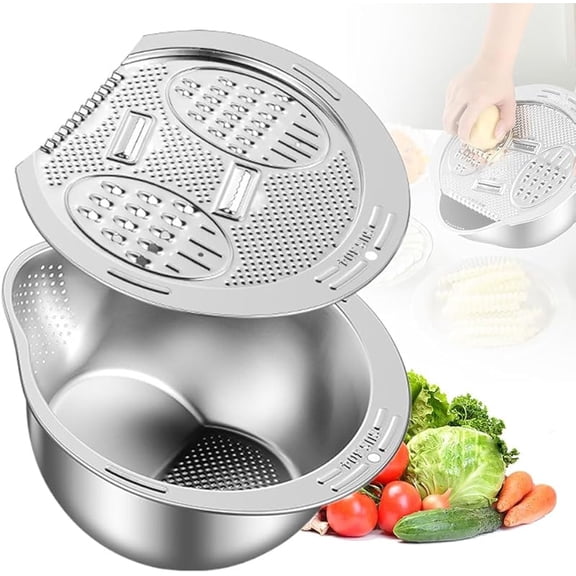 Stainless Steel Rice Strainer Bowl with Grater, 2025 New Multi-functional Drain Basket Rice Colander with Side Drainer, Small Colander for Cleaning Fruits, Vegetables Bean Versatile Kitchen Tool (1)