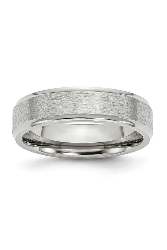 Stainless Steel Ridged Edge 6mm Satin and Polished Band Ring - Size 8