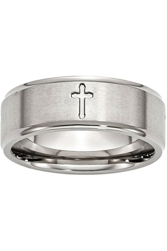 Stainless Steel Ridged Edge Cross 8mm Brushed and Polished Band, Available in Multiple Sizes