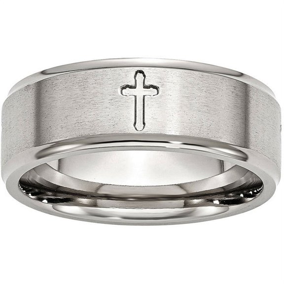 Stainless Steel Ridged Edge Cross 8mm Brushed and Polished Band, Available in Multiple Sizes