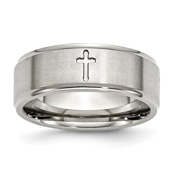 Stainless Steel Ridged Edge Cross 8mm Brushed and Polished Band Ring - Size 11