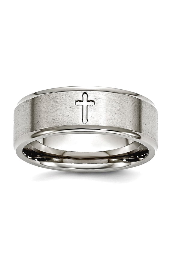 Stainless Steel Ridged Edge Religious Faith Cross 8mm Brushed and Polished Band Ring Size 11 Ring for Women and Men